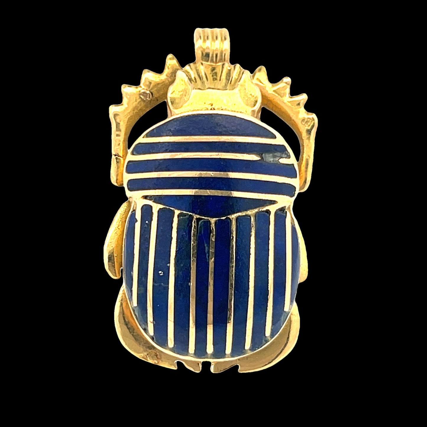 Egyptian 18k Yellow Gold Scarab Beatle Pendant w/ Inlaid Lapis