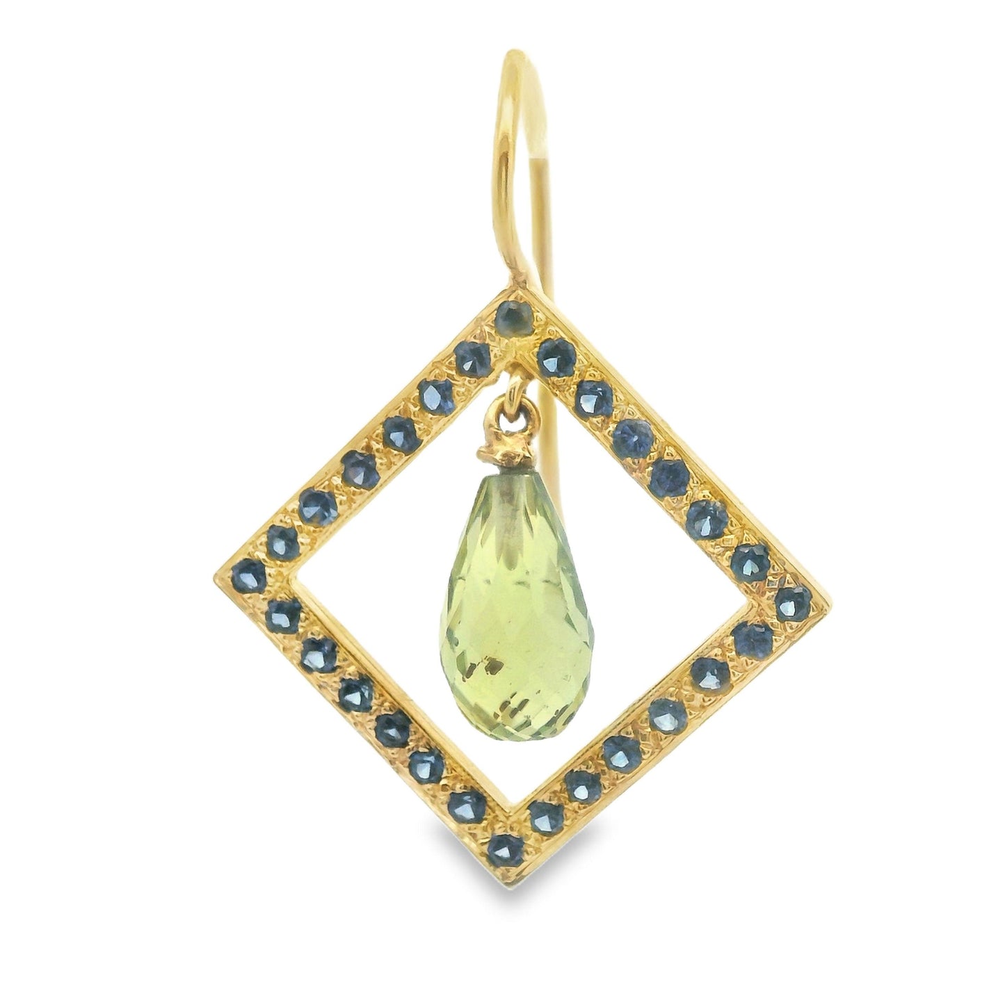 18k Yellow Gold 2.5cttw Geometric Briolette Peridot & Sapphire Dangle Earrings