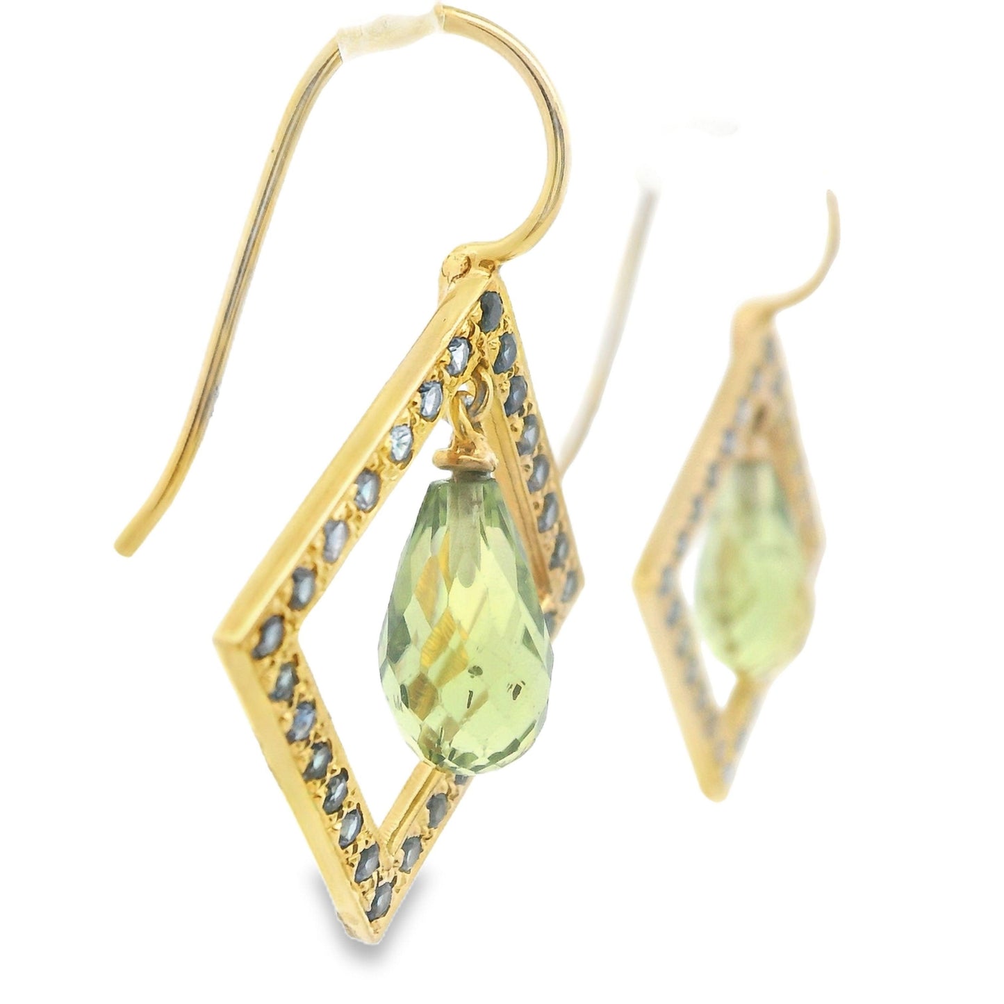 18k Yellow Gold 2.5cttw Geometric Briolette Peridot & Sapphire Dangle Earrings
