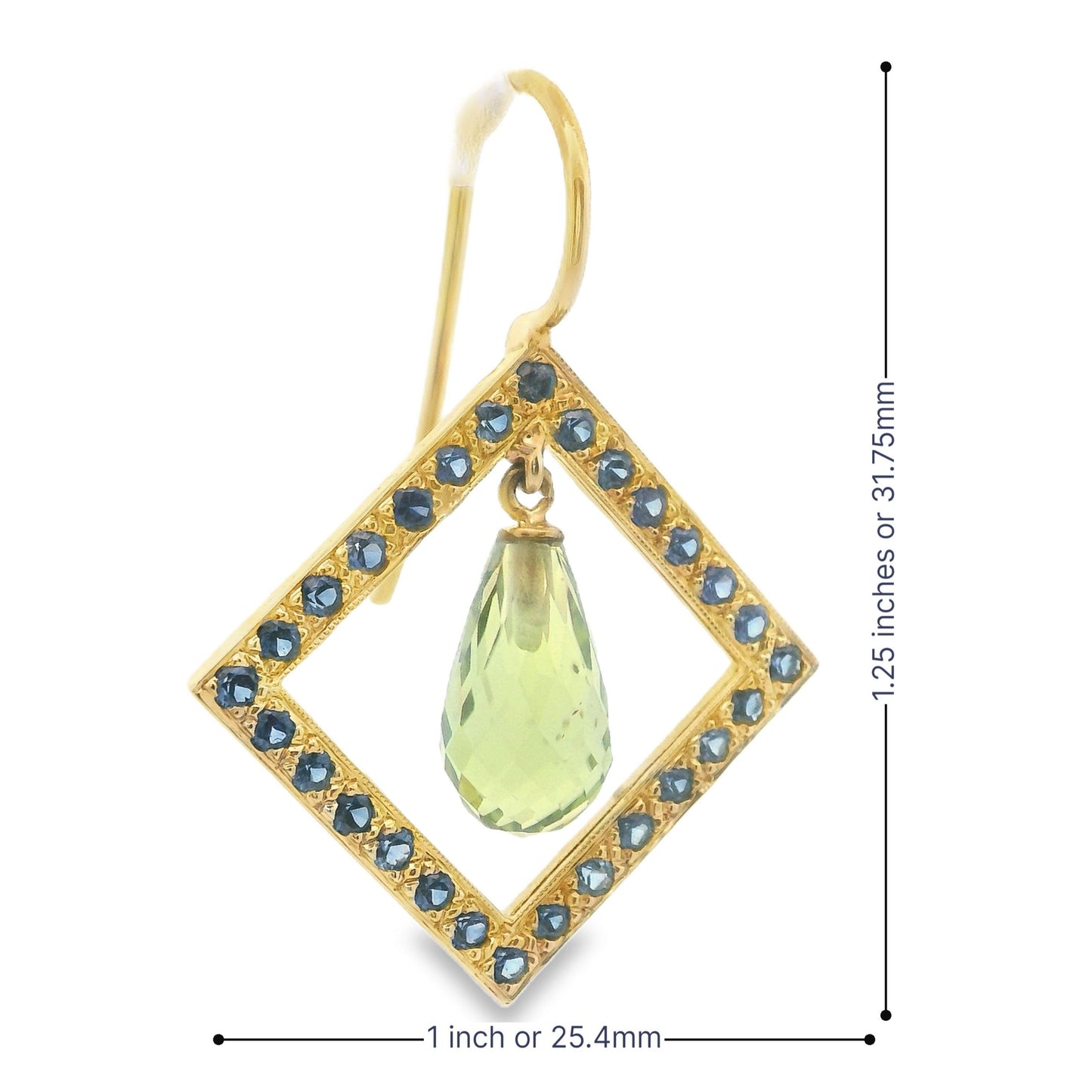 18k Yellow Gold 2.5cttw Geometric Briolette Peridot & Sapphire Dangle Earrings