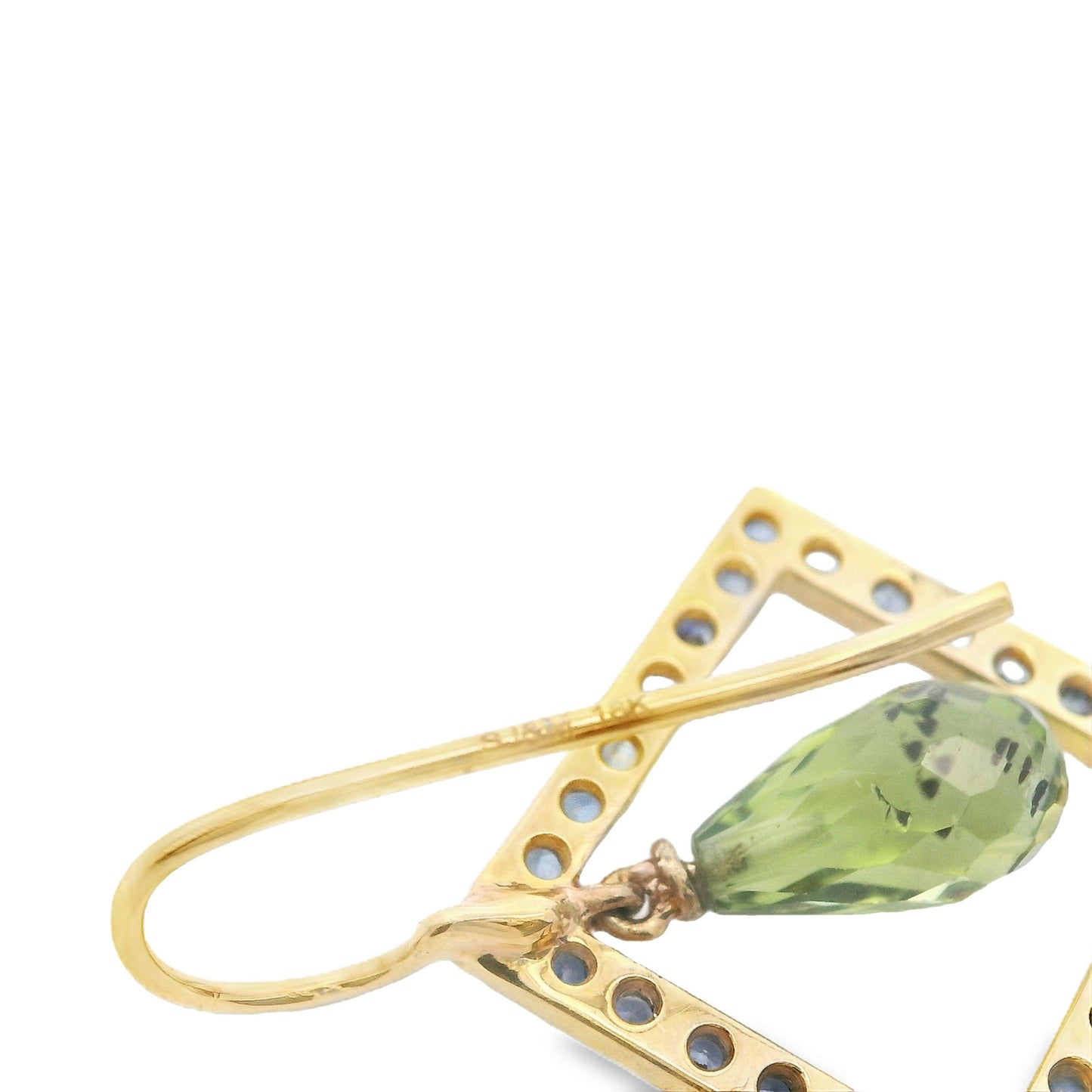 18k Yellow Gold 2.5cttw Geometric Briolette Peridot & Sapphire Dangle Earrings