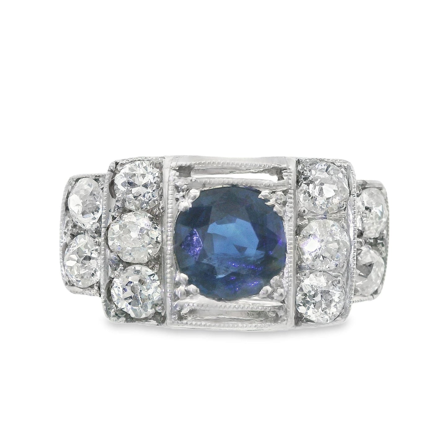 Diamond(1+ct) and Blue Sapphire Ring(.77ct) in Platinum + 14k Yellow Gold
