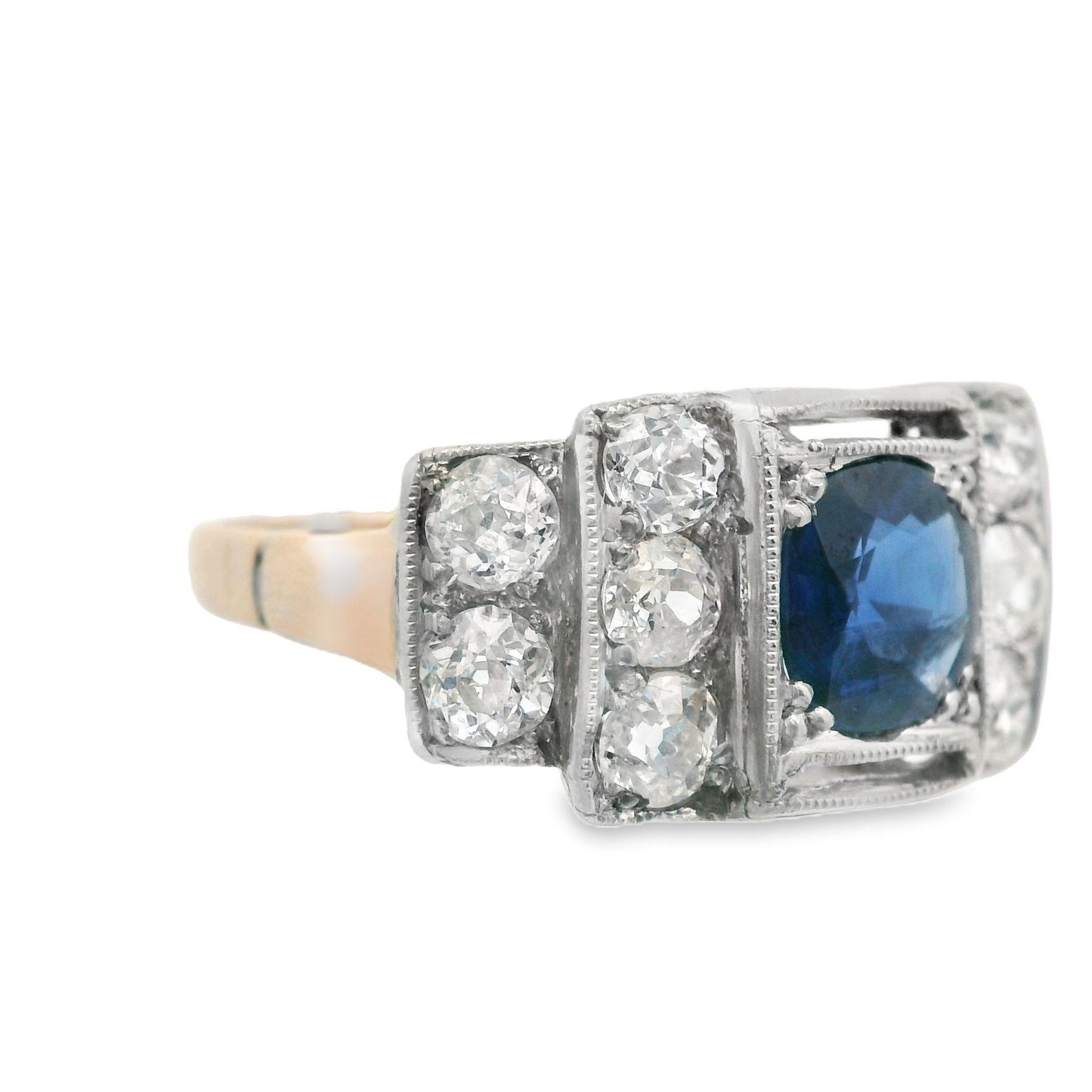 Diamond(1+ct) and Blue Sapphire Ring(.77ct) in Platinum + 14k Yellow Gold