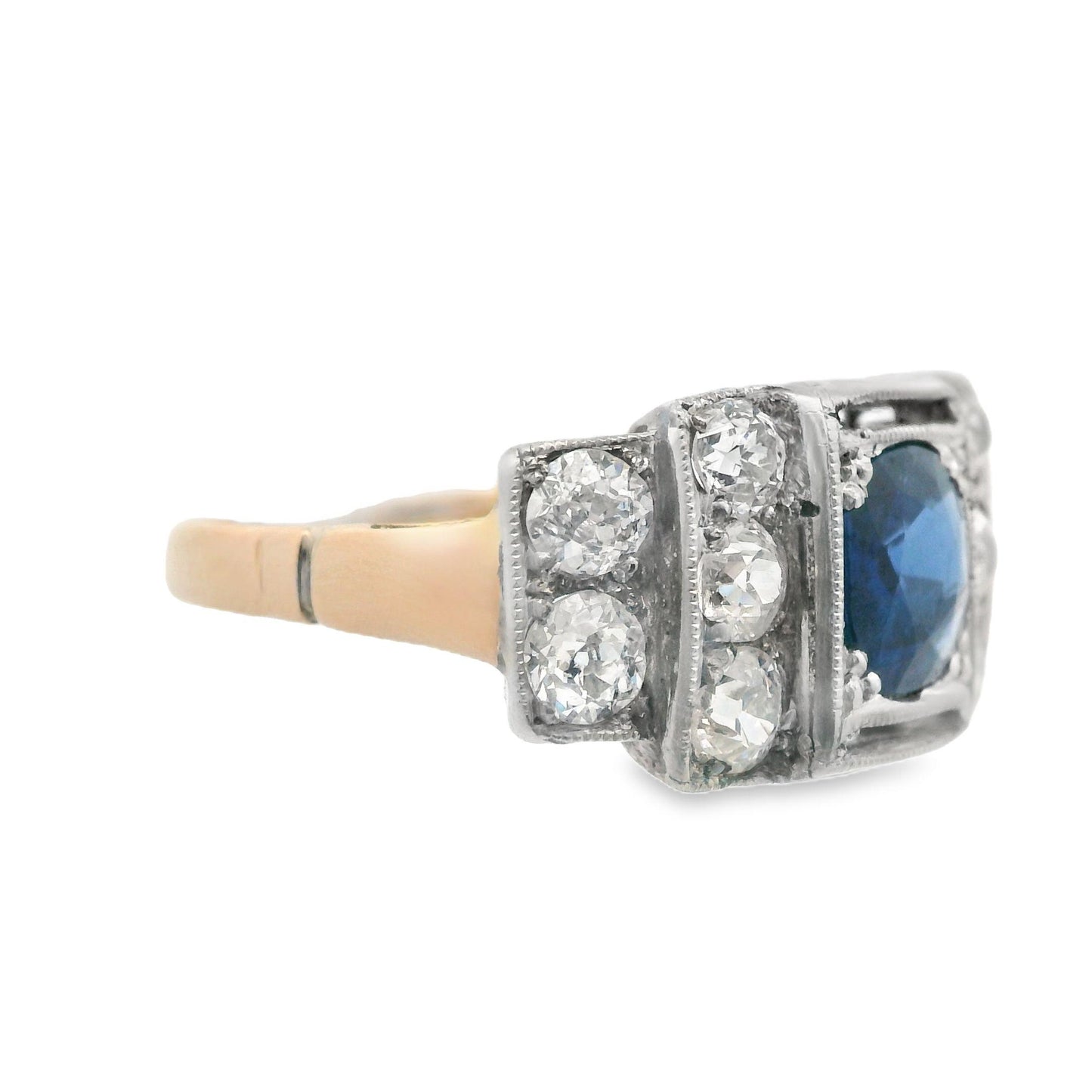 Diamond(1+ct) and Blue Sapphire Ring(.77ct) in Platinum + 14k Yellow Gold