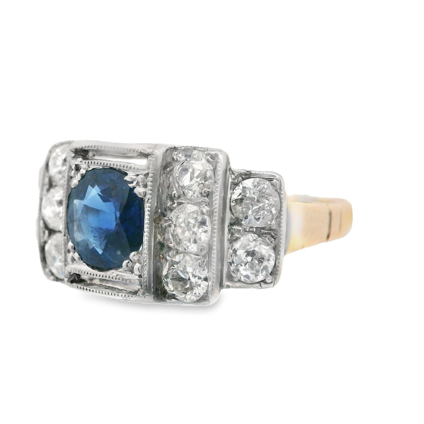 Diamond(1+ct) and Blue Sapphire Ring(.77ct) in Platinum + 14k Yellow Gold