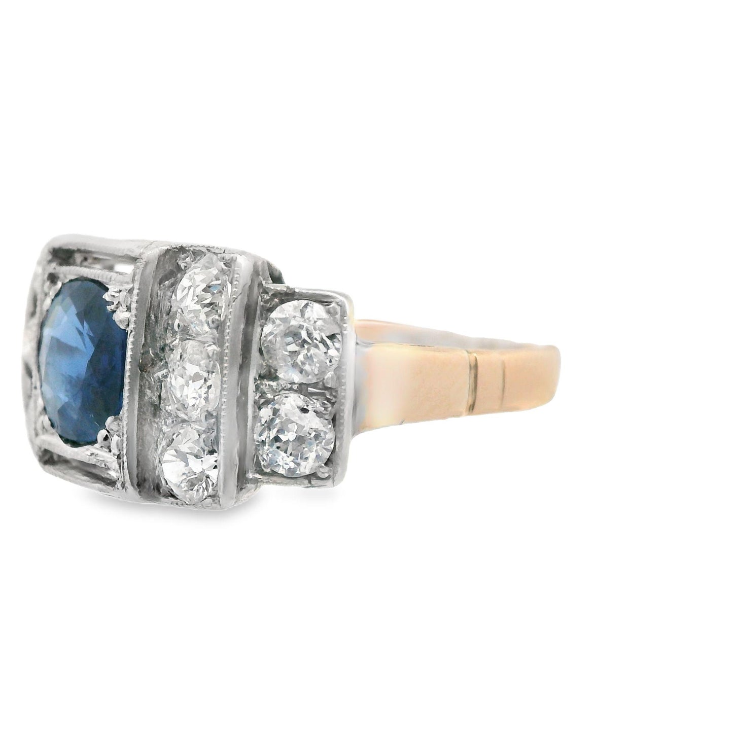 Diamond(1+ct) and Blue Sapphire Ring(.77ct) in Platinum + 14k Yellow Gold