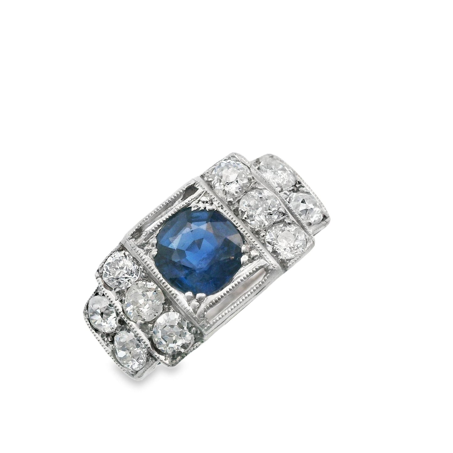 Diamond(1+ct) and Blue Sapphire Ring(.77ct) in Platinum + 14k Yellow Gold