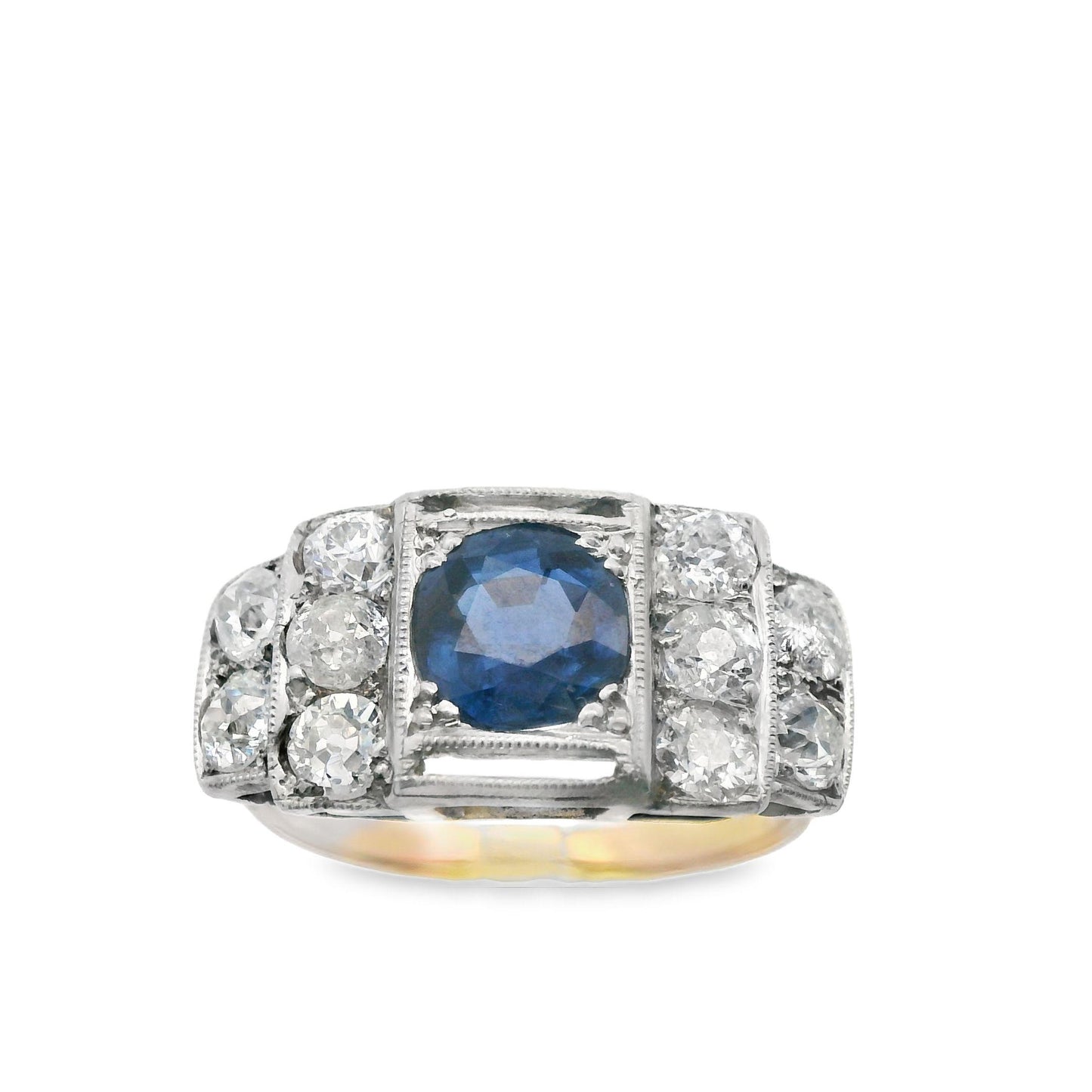 Diamond(1+ct) and Blue Sapphire Ring(.77ct) in Platinum + 14k Yellow Gold