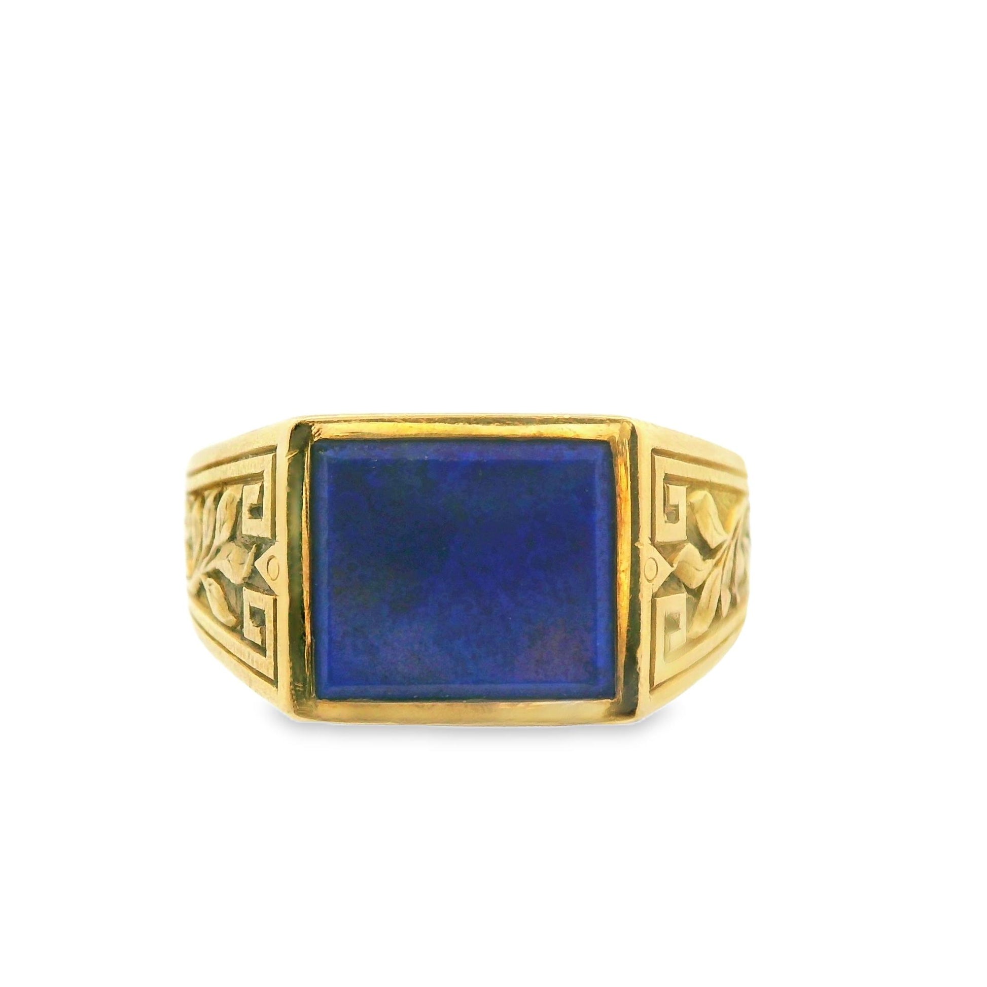 18k Yellow Gold Blue Lapis Pinky Ring with Engraved Shoulders