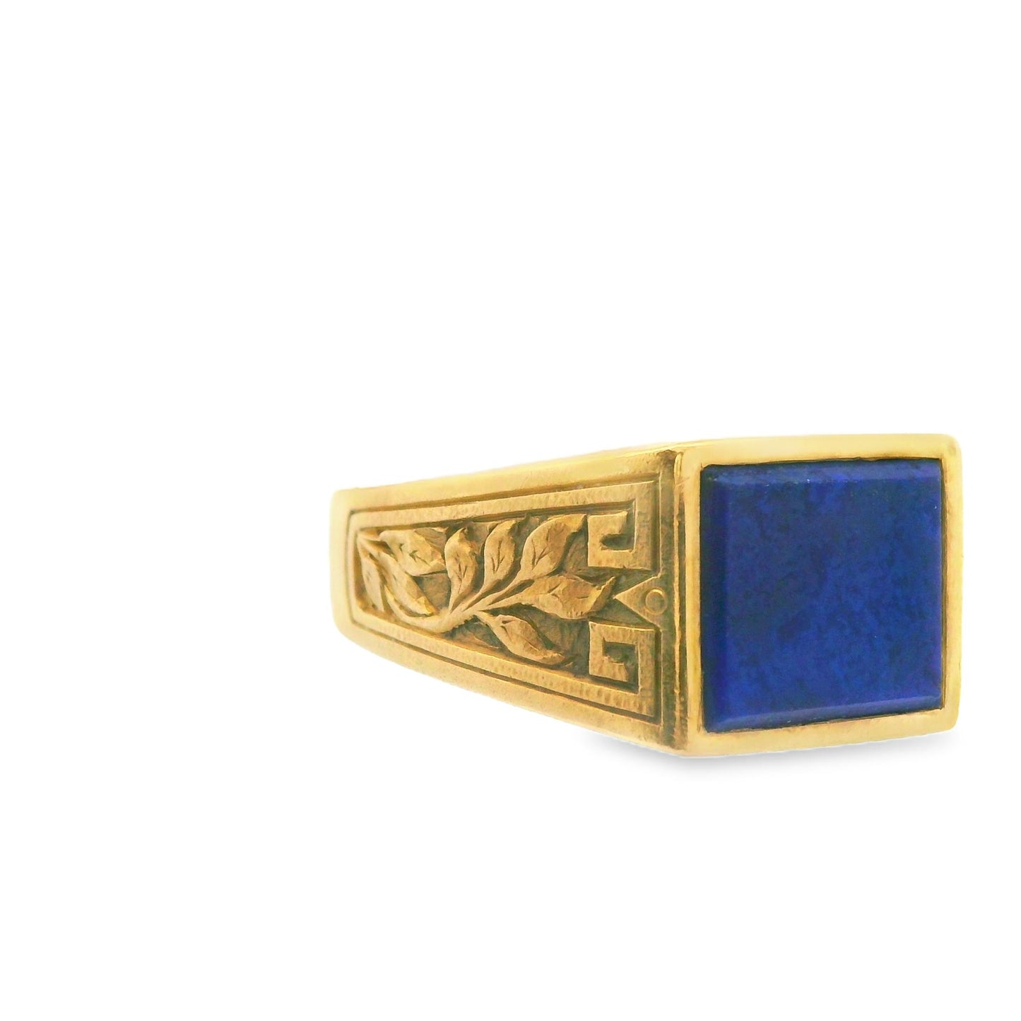 18k Yellow Gold Blue Lapis Pinky Ring with Engraved Shoulders