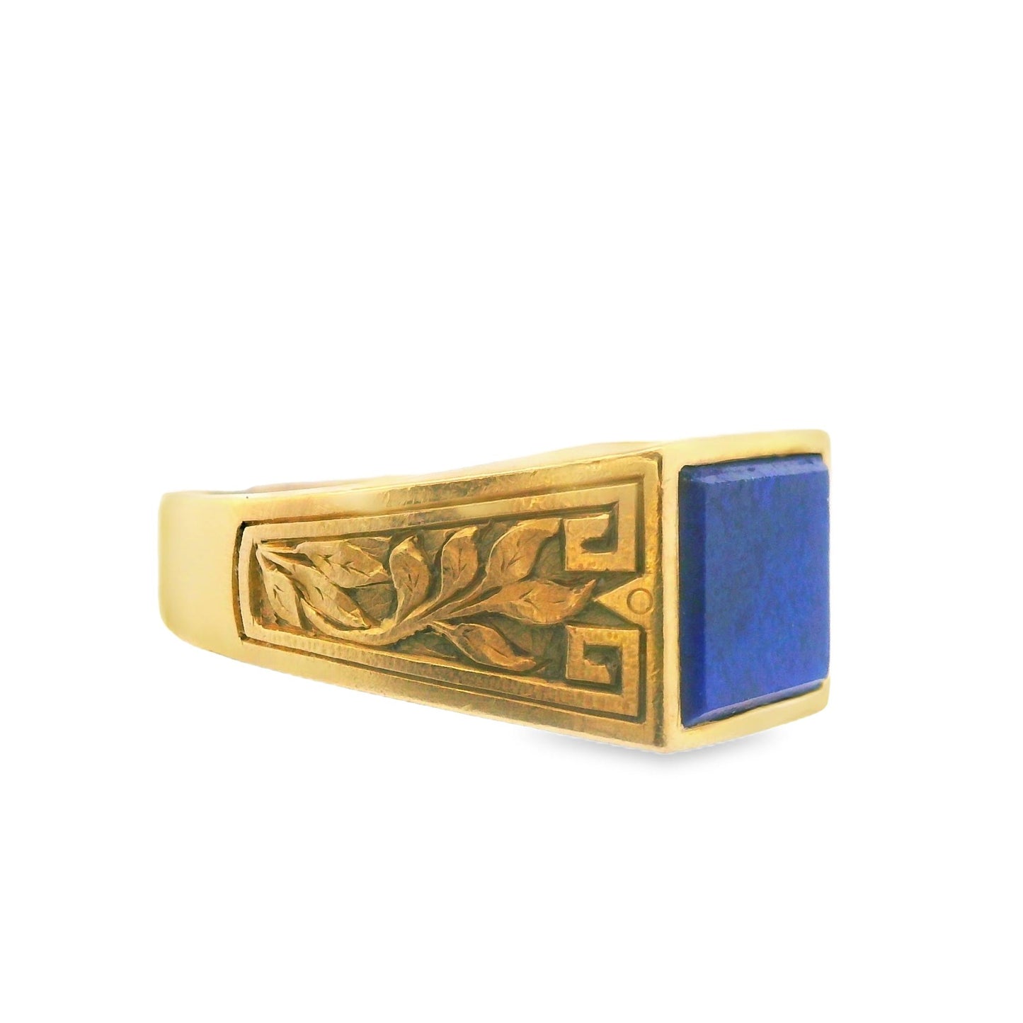 18k Yellow Gold Blue Lapis Pinky Ring with Engraved Shoulders