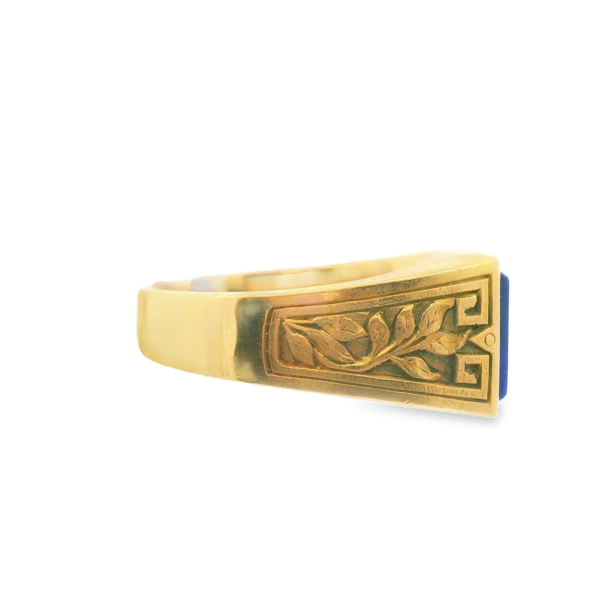 18k Yellow Gold Blue Lapis Pinky Ring with Engraved Shoulders