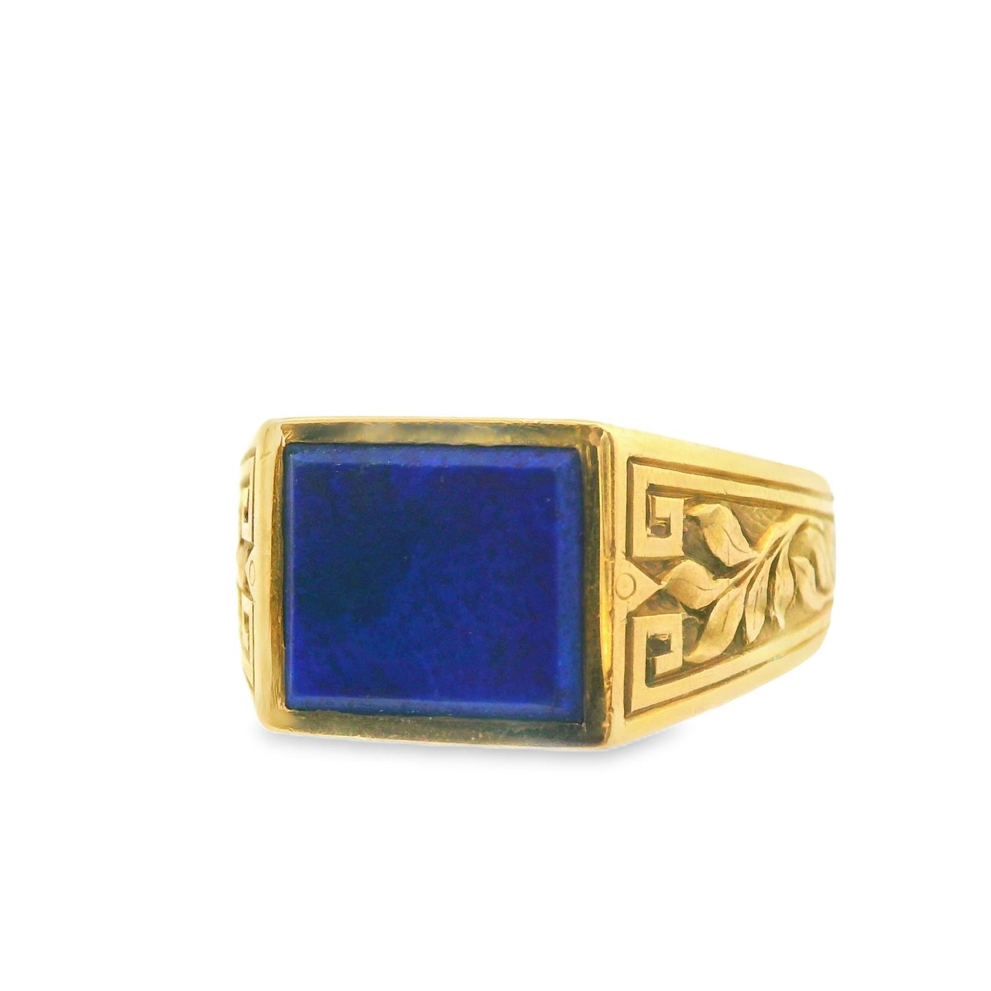 18k Yellow Gold Blue Lapis Pinky Ring with Engraved Shoulders