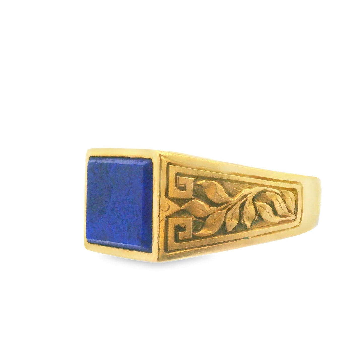 18k Yellow Gold Blue Lapis Pinky Ring with Engraved Shoulders