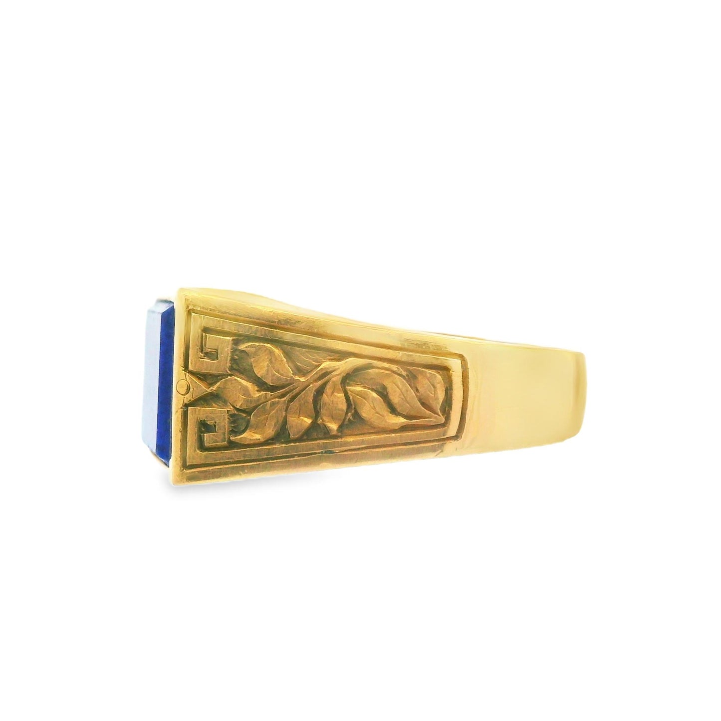 18k Yellow Gold Blue Lapis Pinky Ring with Engraved Shoulders