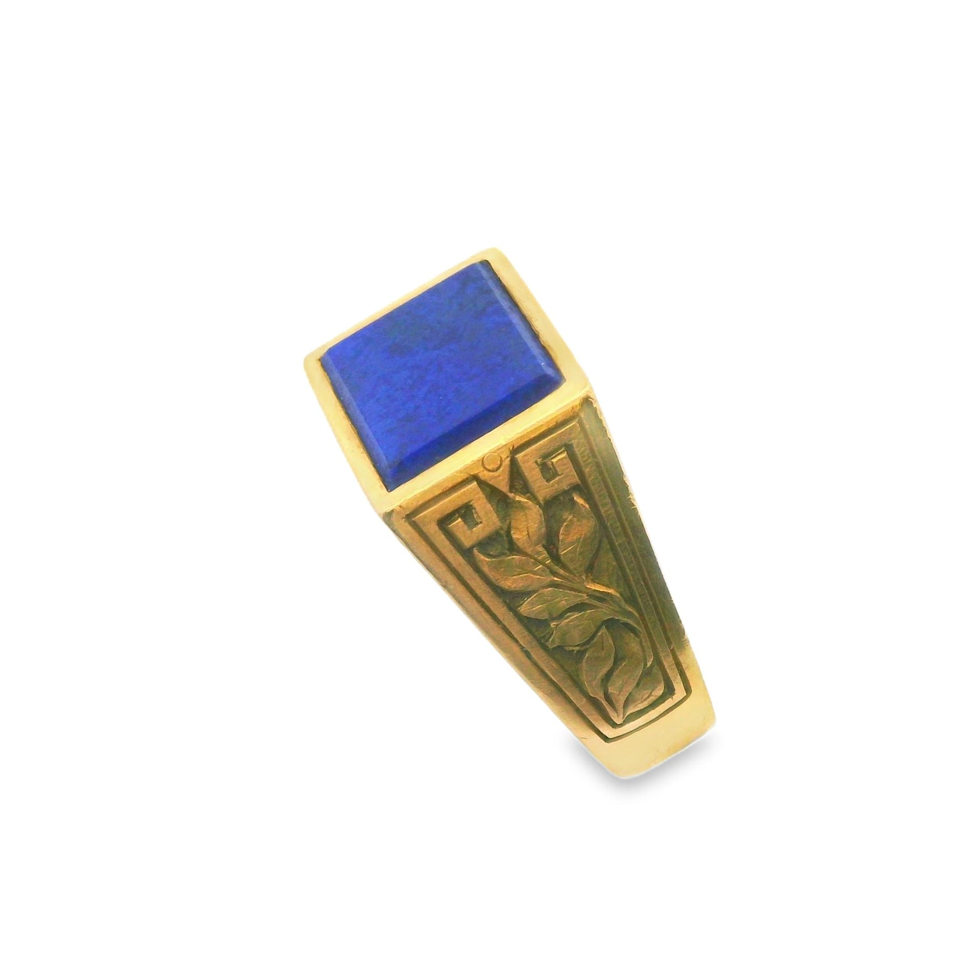 18k Yellow Gold Blue Lapis Pinky Ring with Engraved Shoulders