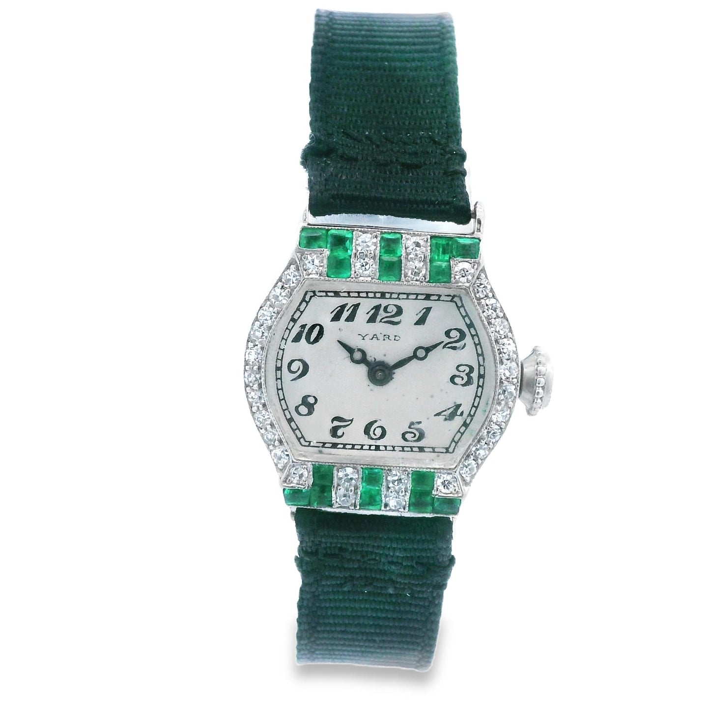 Platinum Raymond Yard Diamond and Emerald Deco Watch