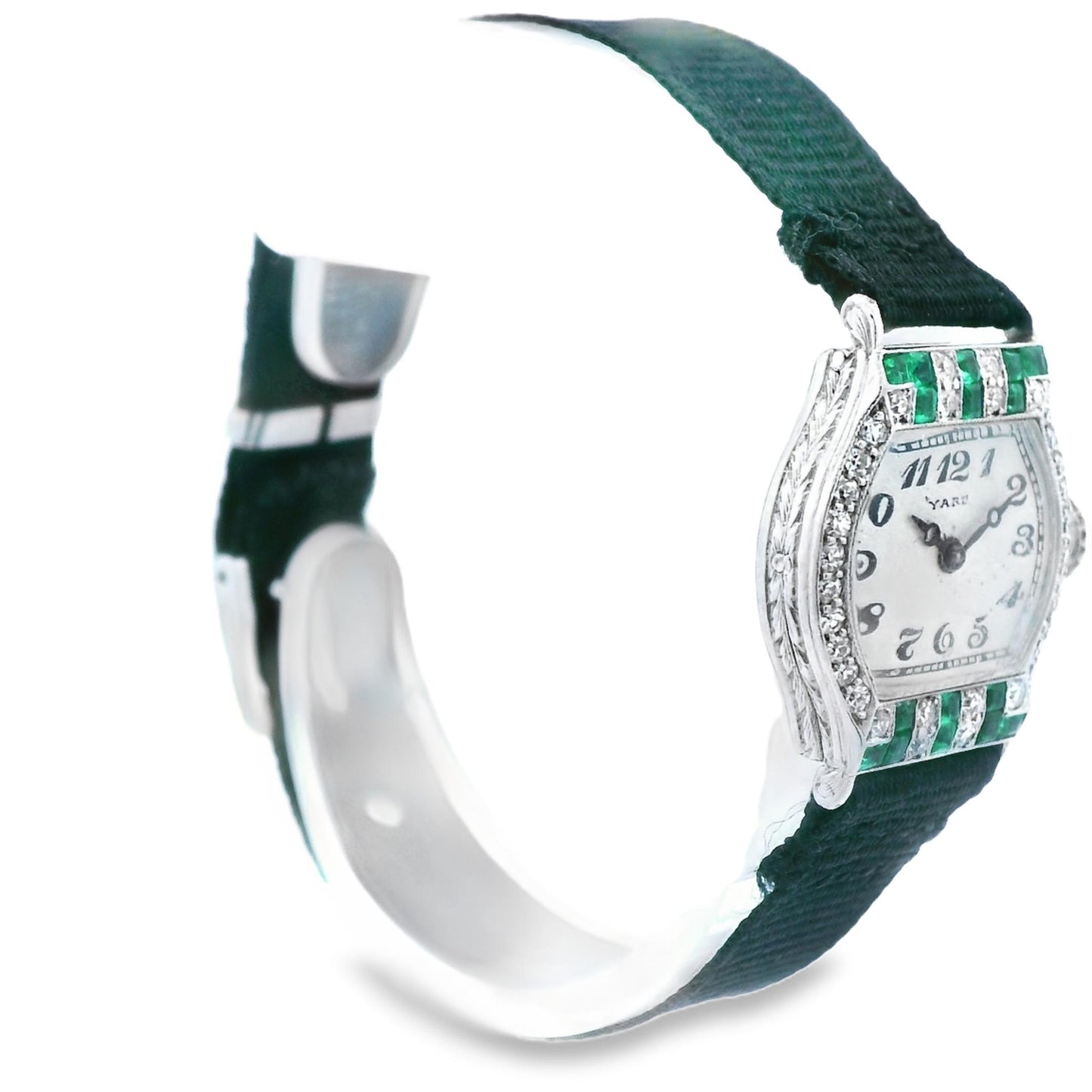 Platinum Raymond Yard Diamond and Emerald Deco Watch