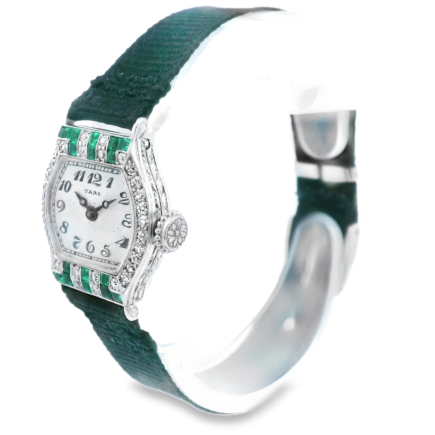 Platinum Raymond Yard Diamond and Emerald Deco Watch