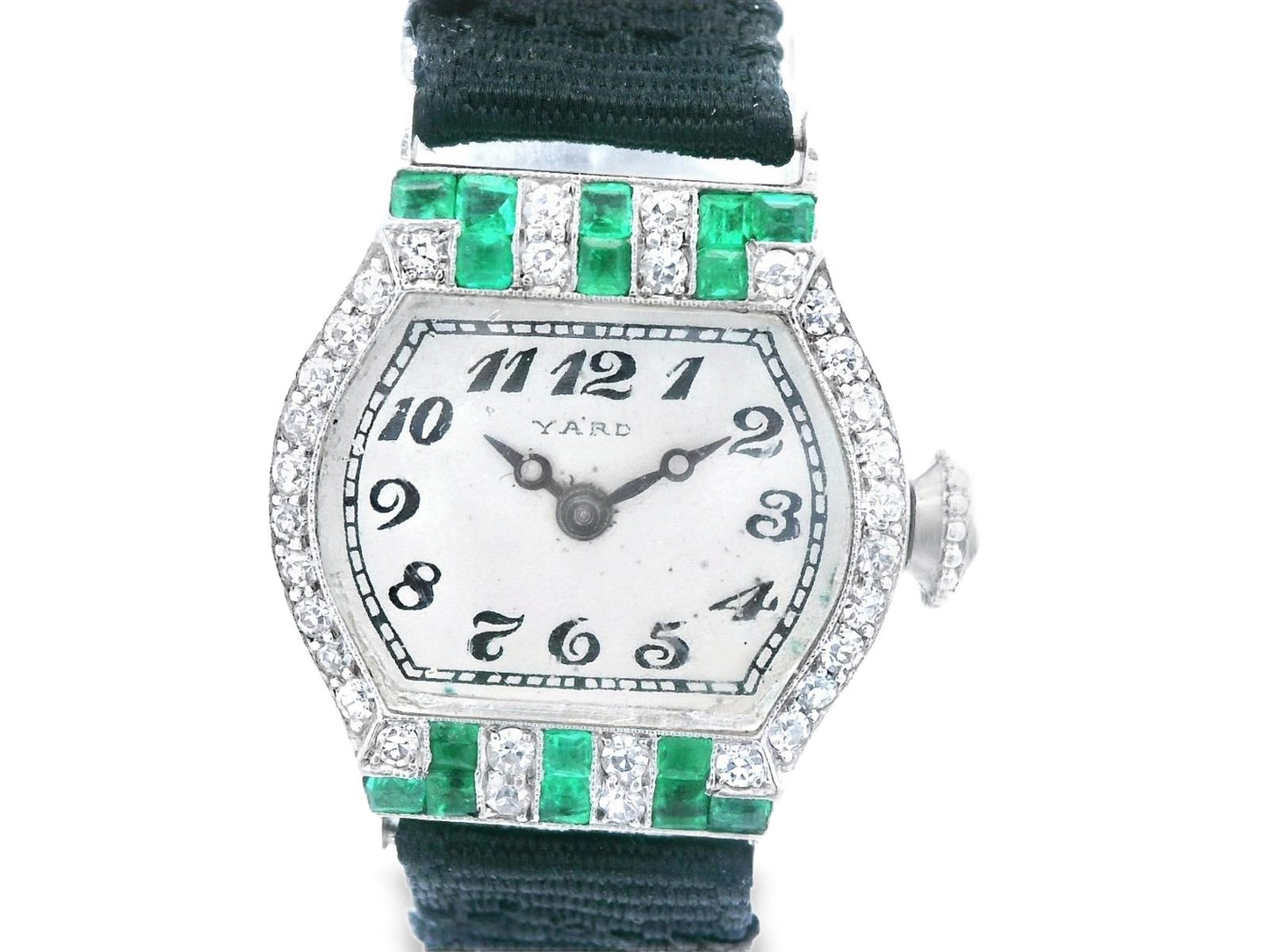 Platinum Raymond Yard Diamond and Emerald Deco Watch