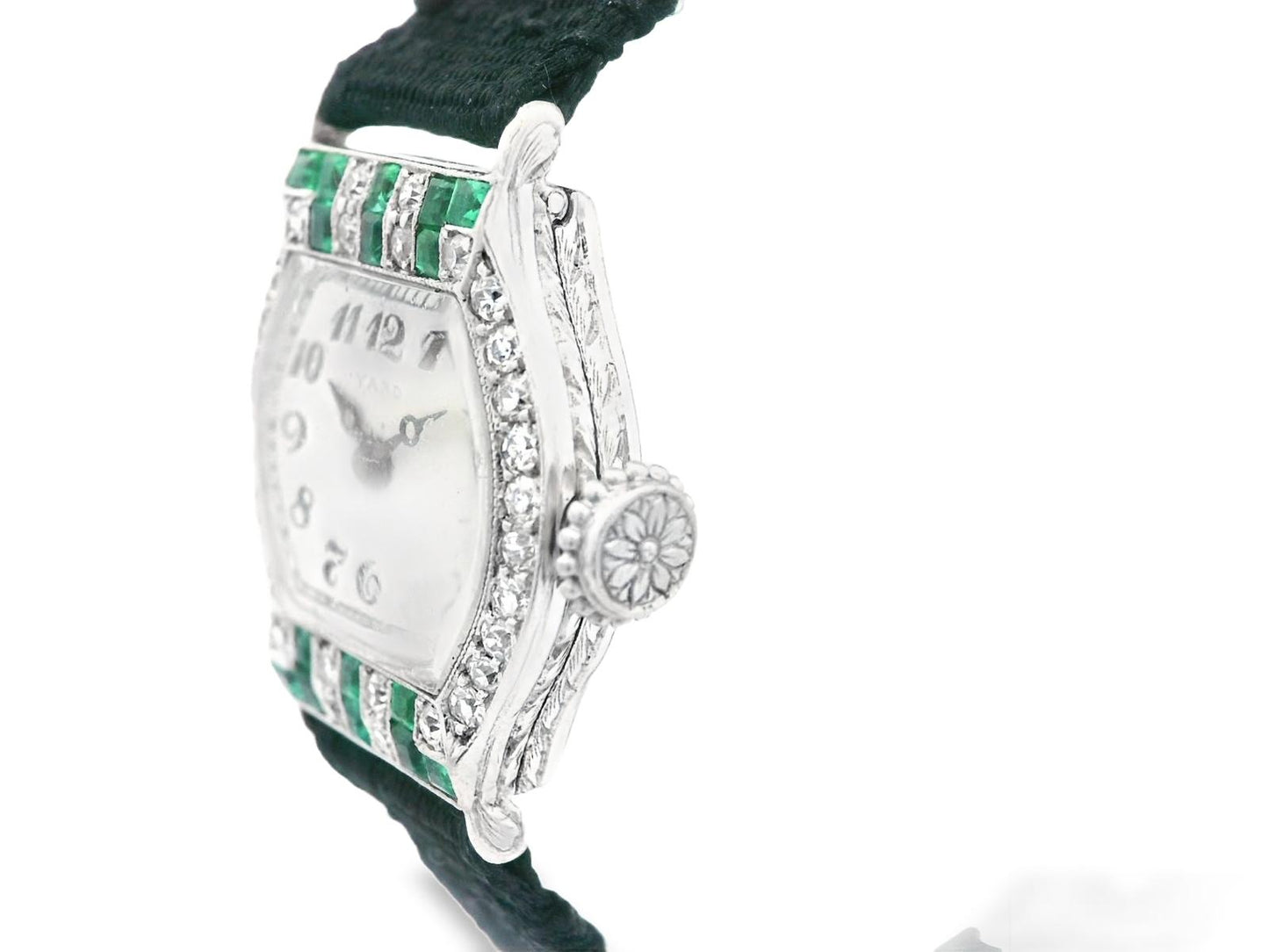 Platinum Raymond Yard Diamond and Emerald Deco Watch