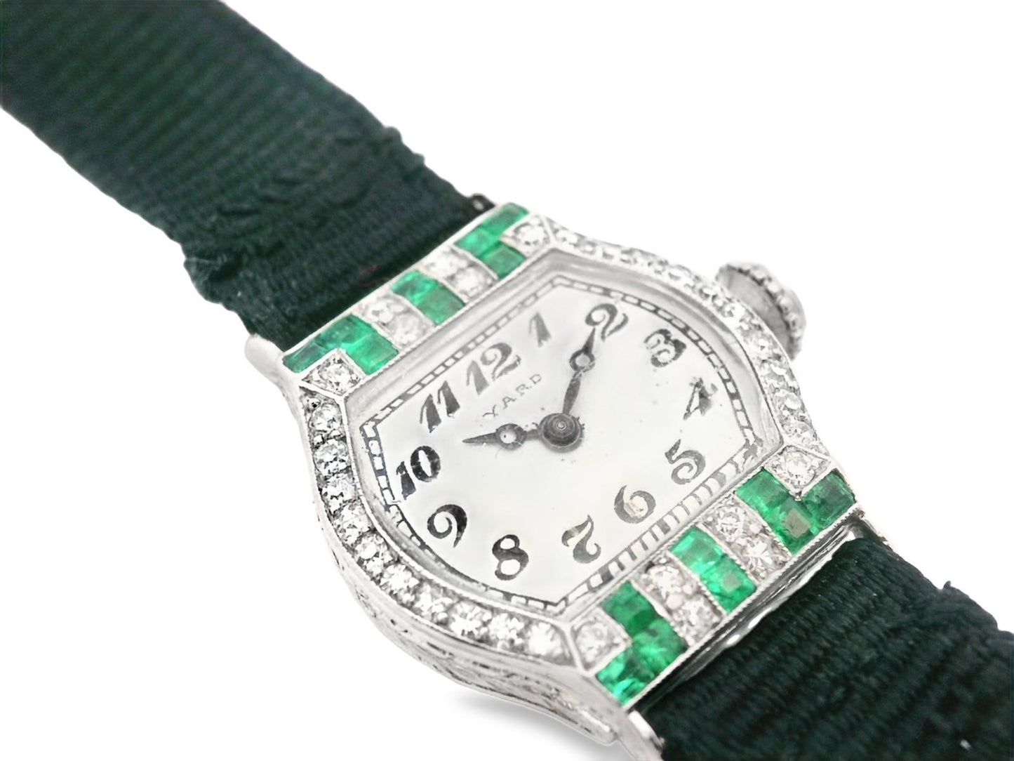 Platinum Raymond Yard Diamond and Emerald Deco Watch