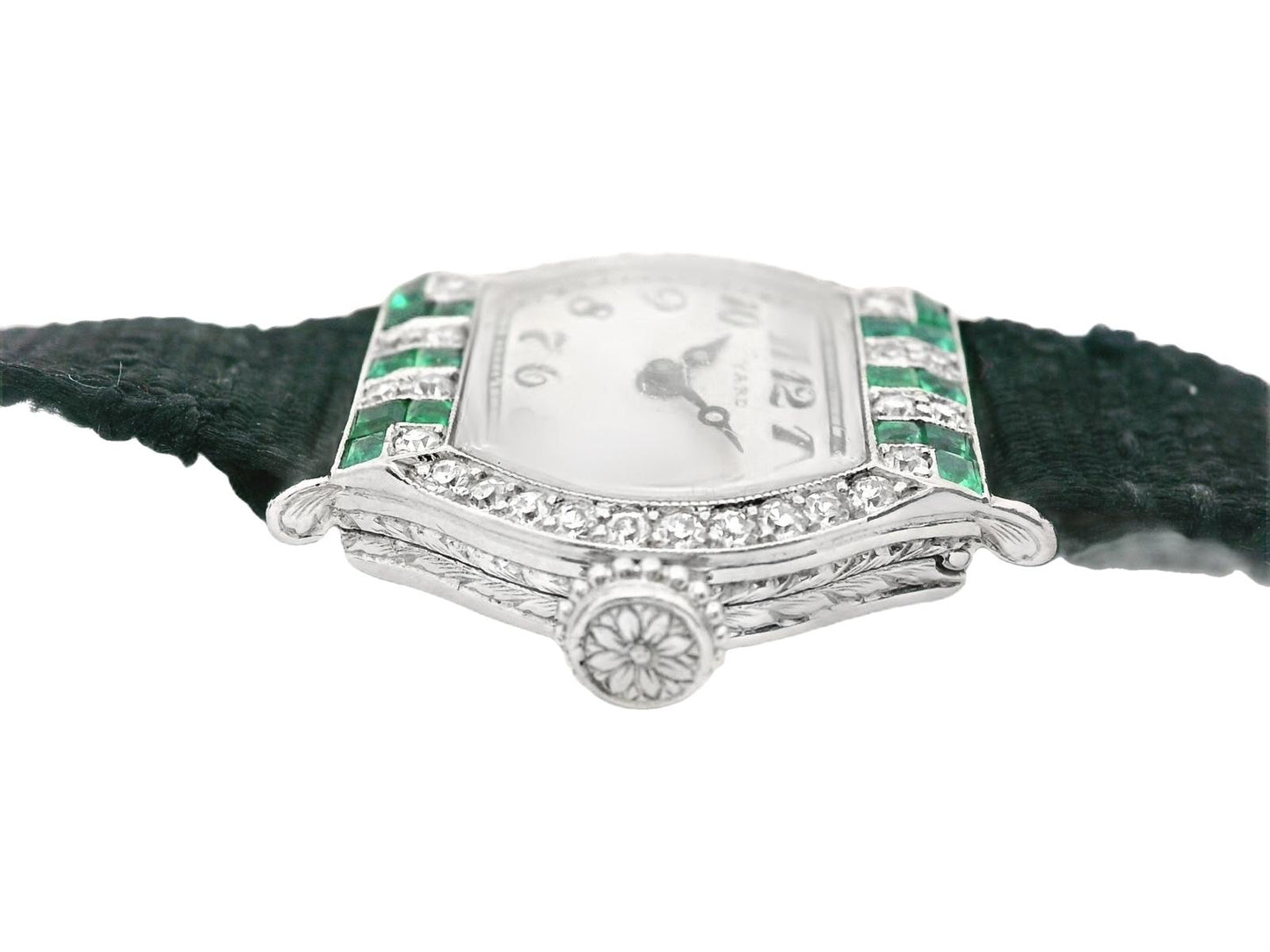 Platinum Raymond Yard Diamond and Emerald Deco Watch