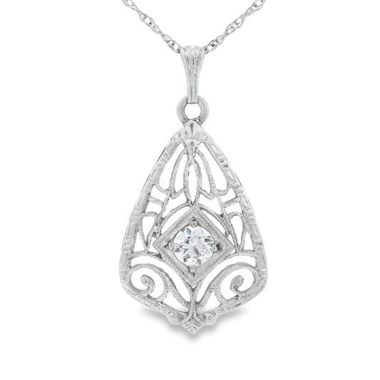 14k White Gold Filigree Diamond Pendant + Chain
