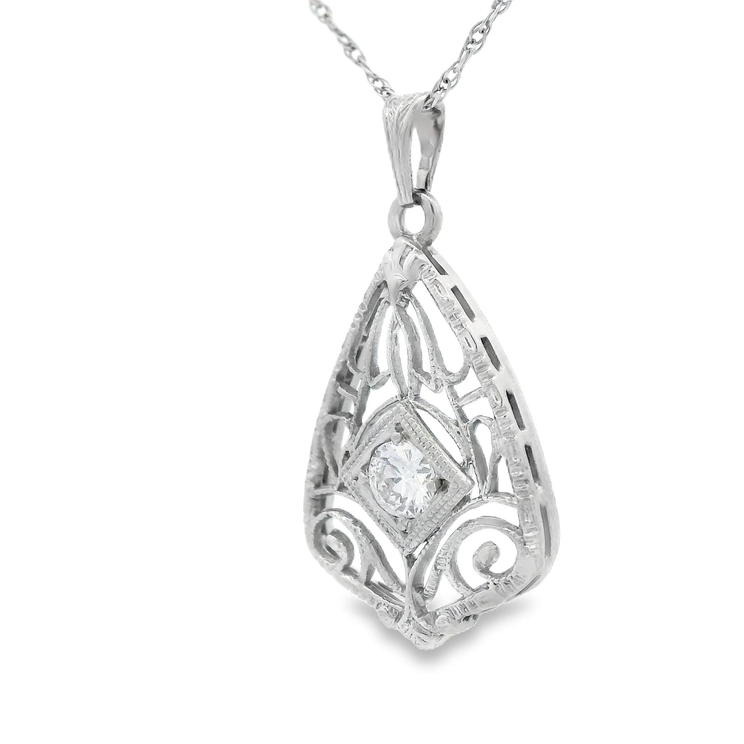 14k White Gold Filigree Diamond Pendant + Chain