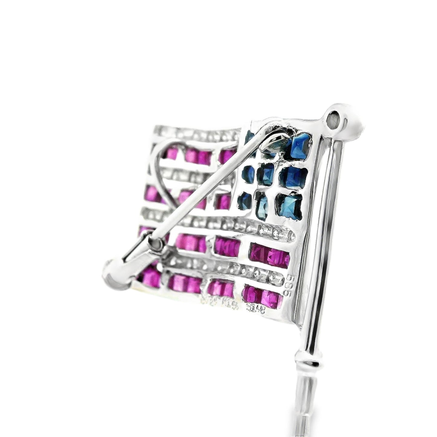 14K White Gold Diamond, Sapphire & Ruby USA American Flag Pin/Pendant