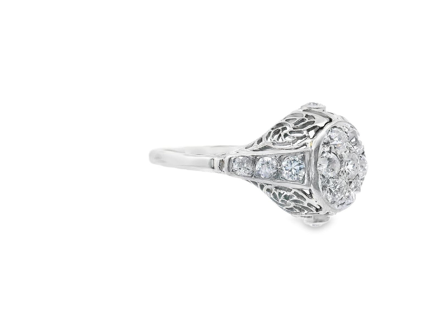 18k White Gold Old European Cut Cluster Diamond Engagement Ring