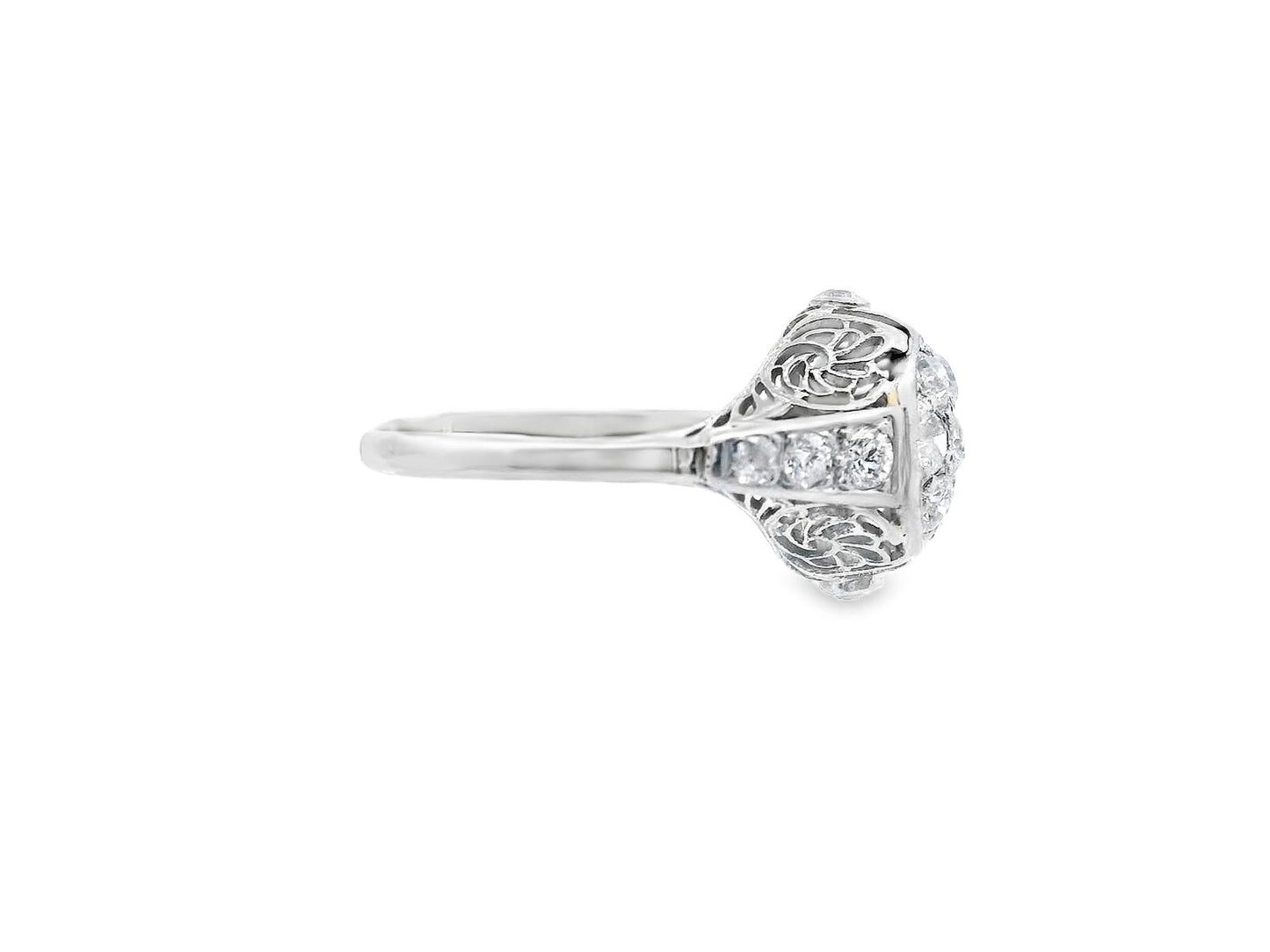 18k White Gold Old European Cut Cluster Diamond Engagement Ring