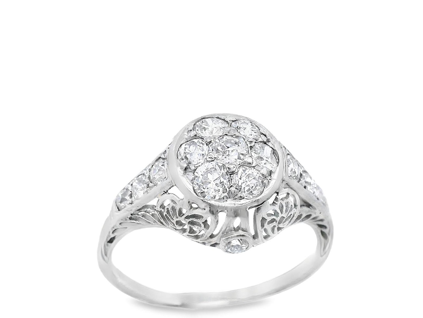 18k White Gold Old European Cut Cluster Diamond Engagement Ring
