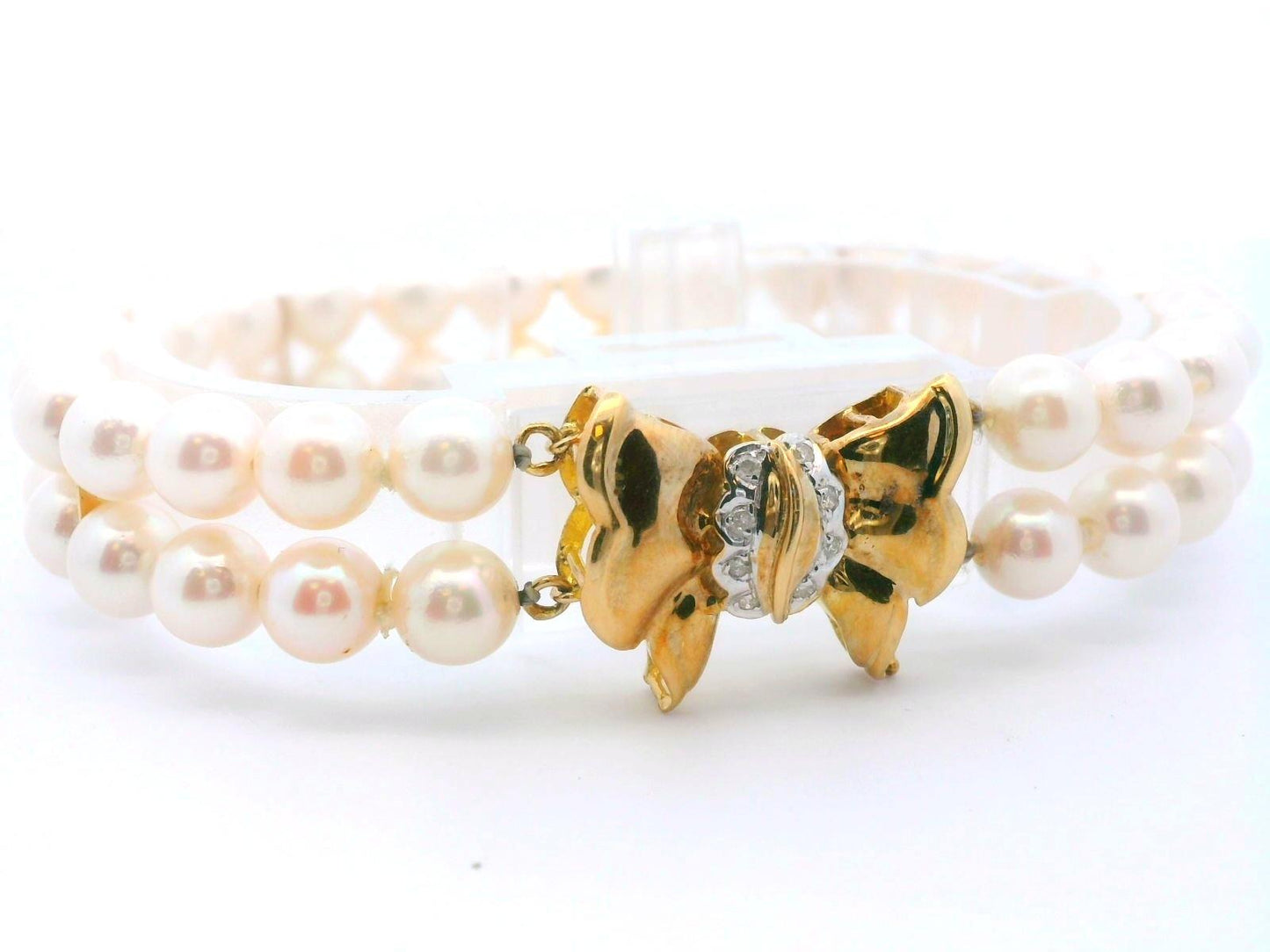 14k Yellow Gold Cultured Double Strand Pearl Bracelet w/ Diamond Clasp