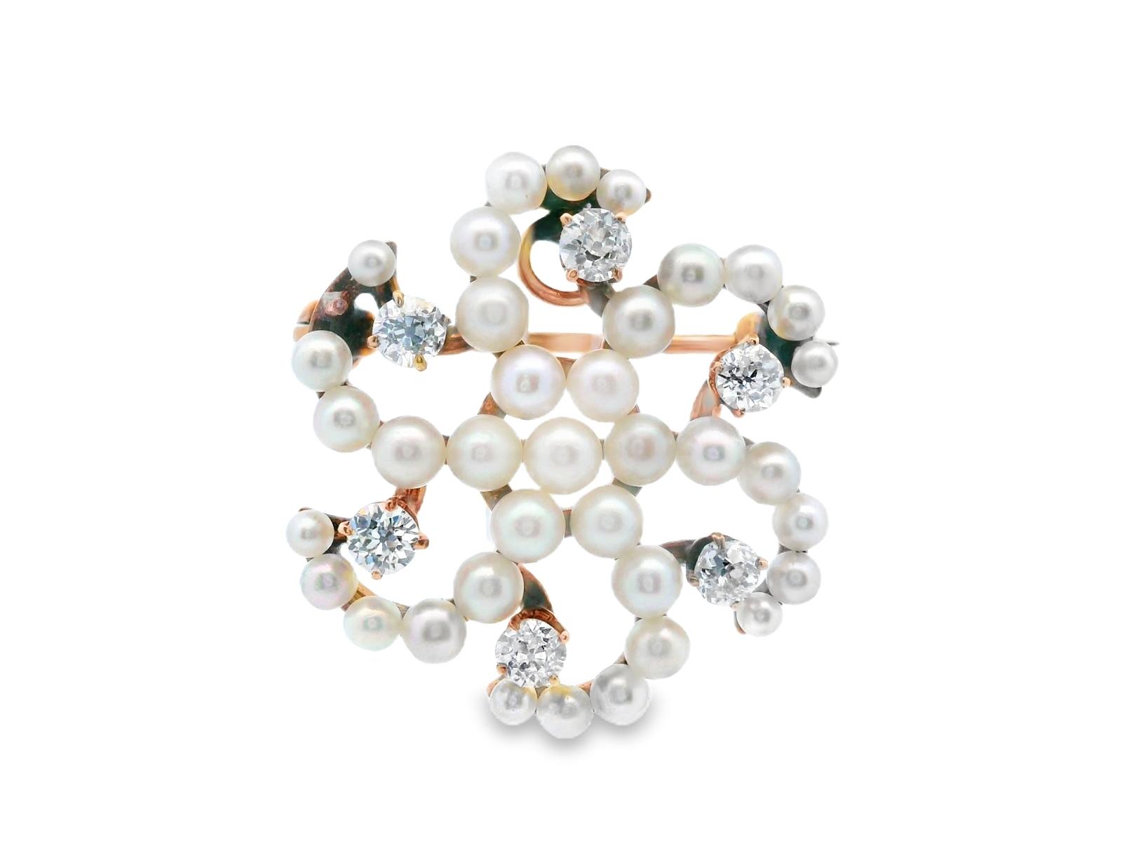 14k Rose Gold Antique Seed Pearl & Diamond Brooch/Pendant