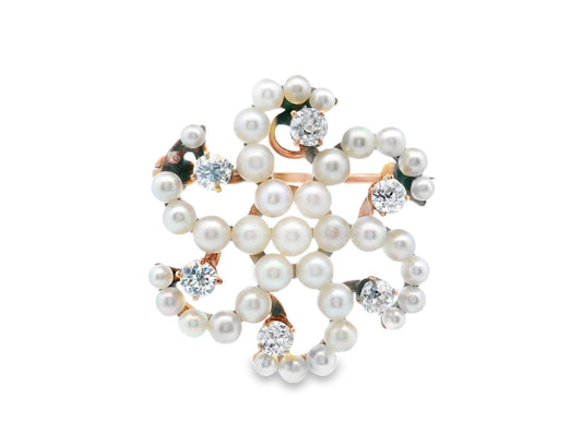 14k Rose Gold Antique Seed Pearl & Diamond Brooch/Pendant