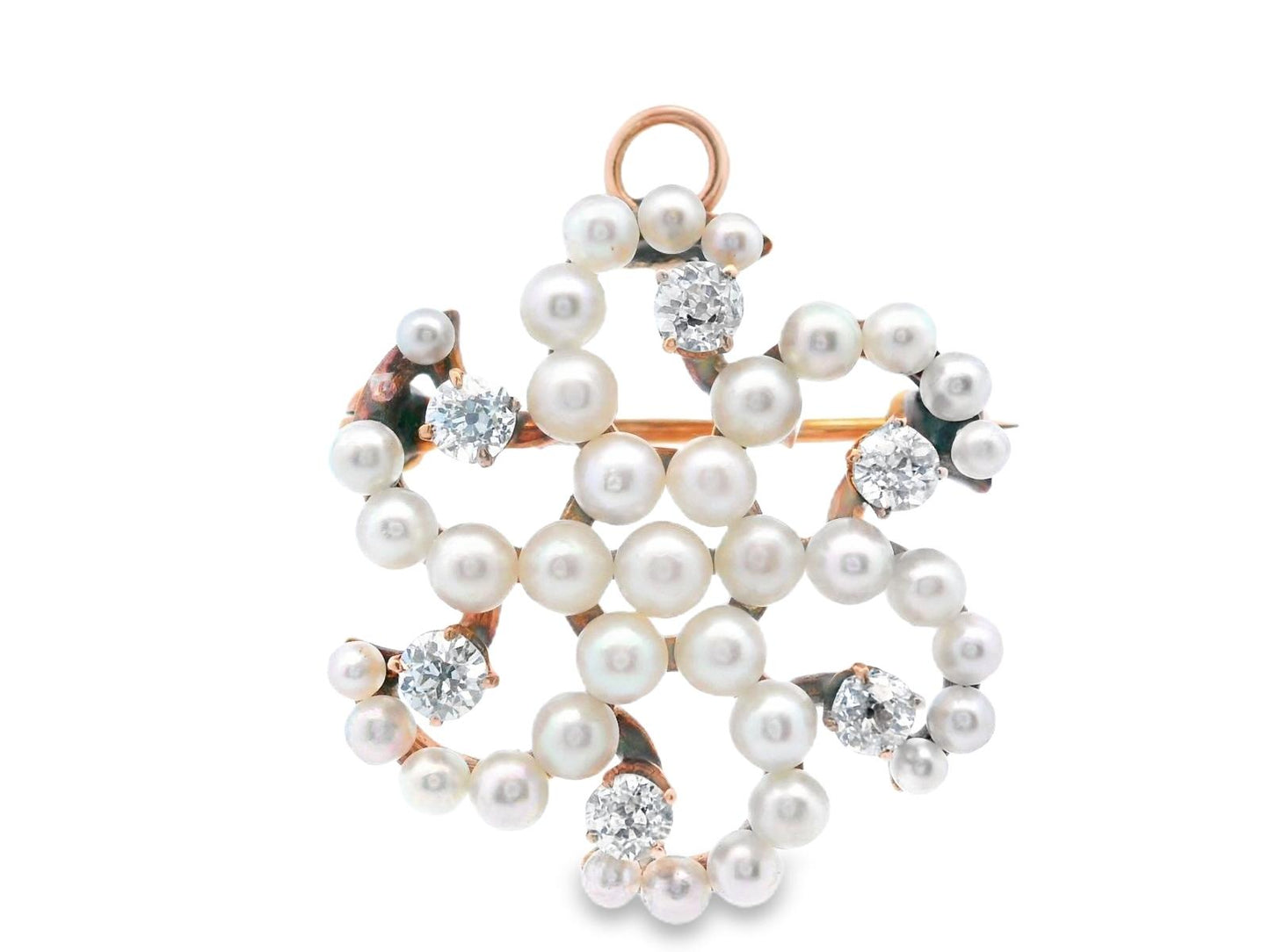14k Rose Gold Antique Seed Pearl & Diamond Brooch/Pendant