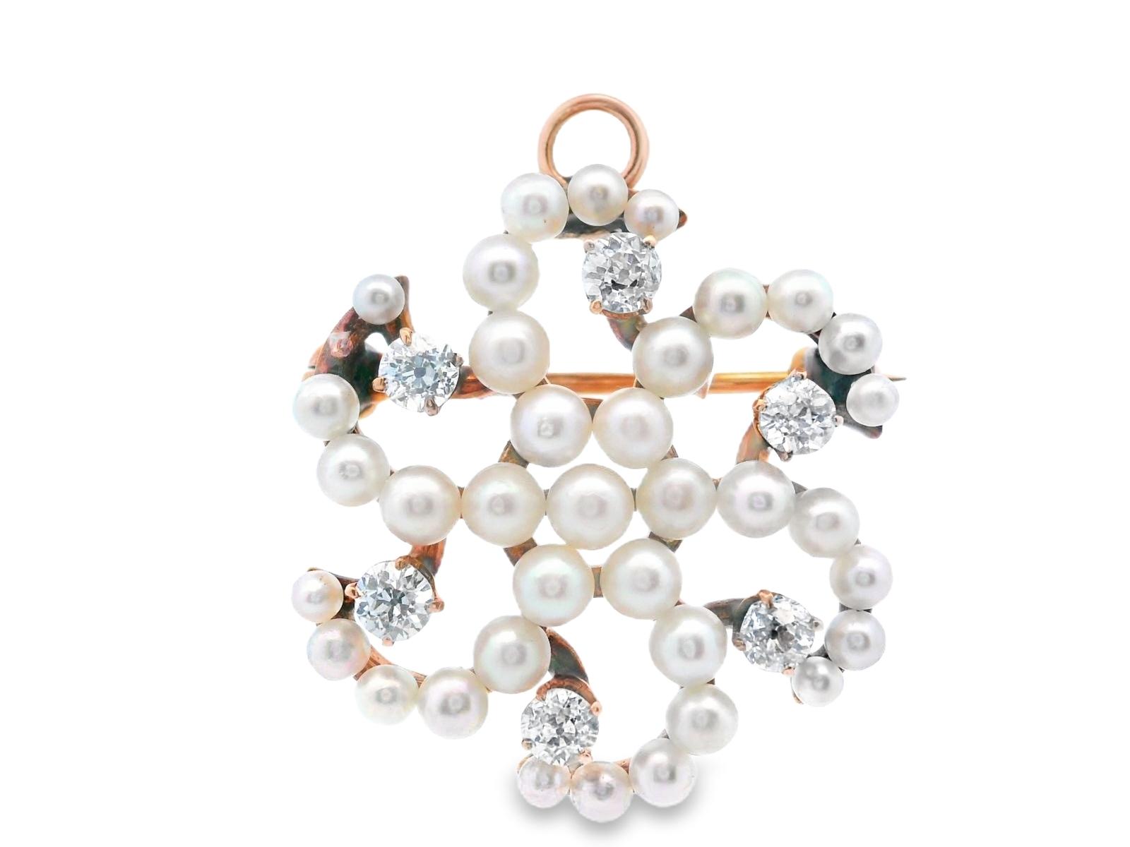 14k Rose Gold Antique Seed Pearl & Diamond Brooch/Pendant