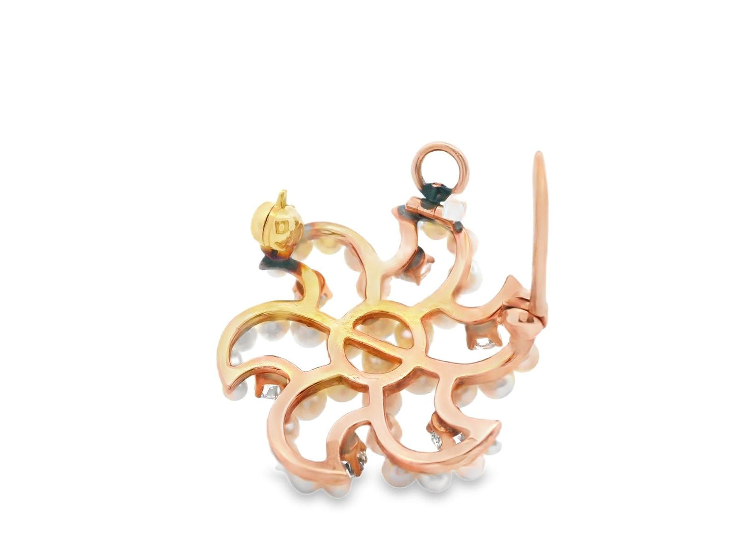 14k Rose Gold Antique Seed Pearl & Diamond Brooch/Pendant