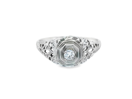 Art Deco 18k White Gold Euro Cut Diamond Filigree Engagement Ring
