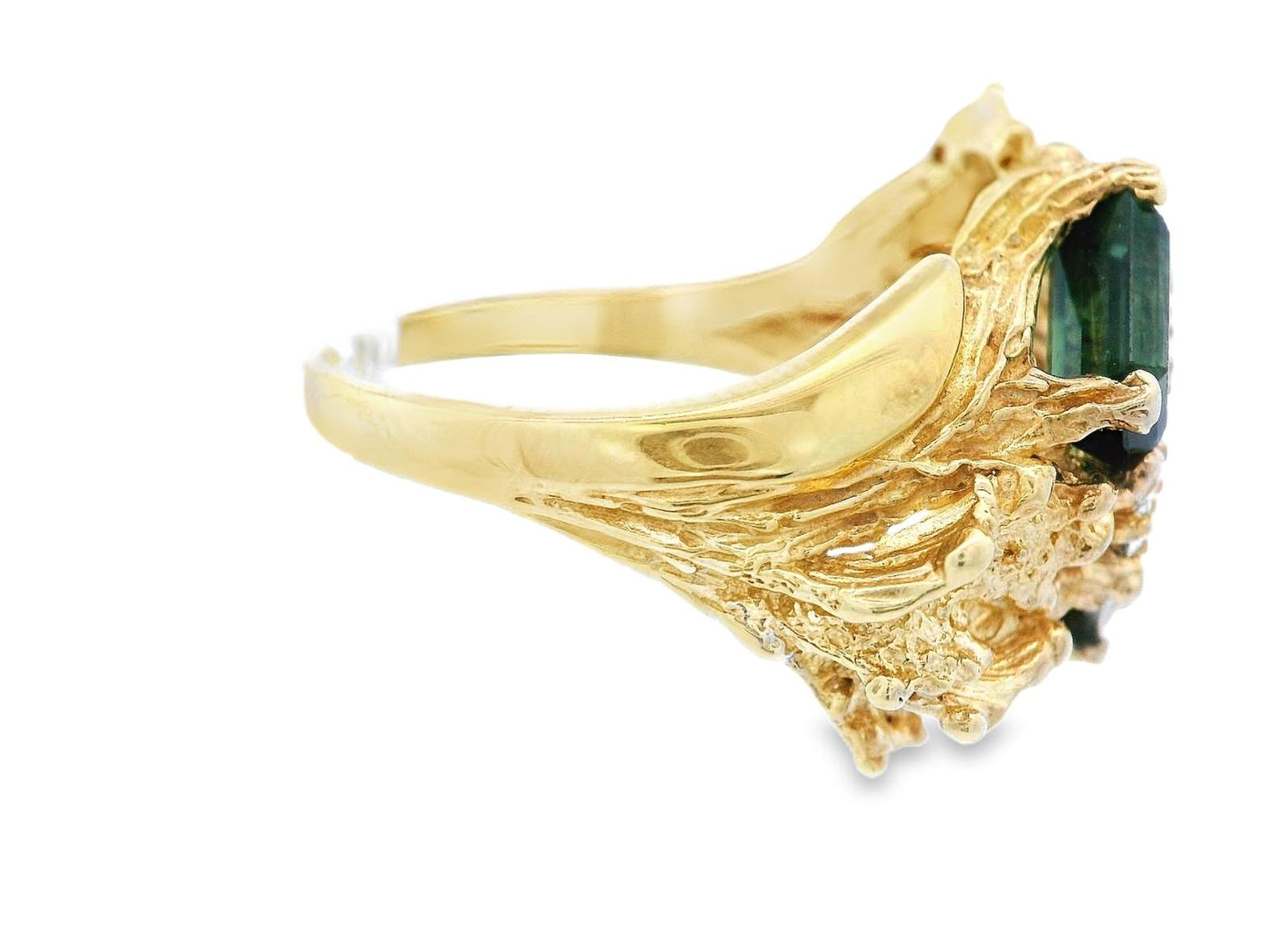 Textured 18k Yellow Gold Green Tourmaline & Diamond Ring