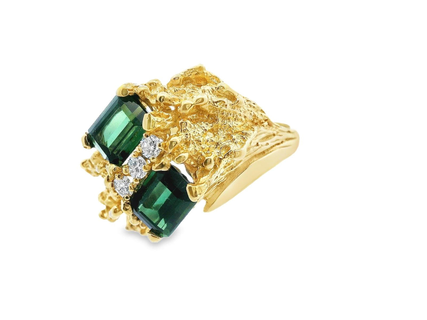 Textured 18k Yellow Gold Green Tourmaline & Diamond Ring