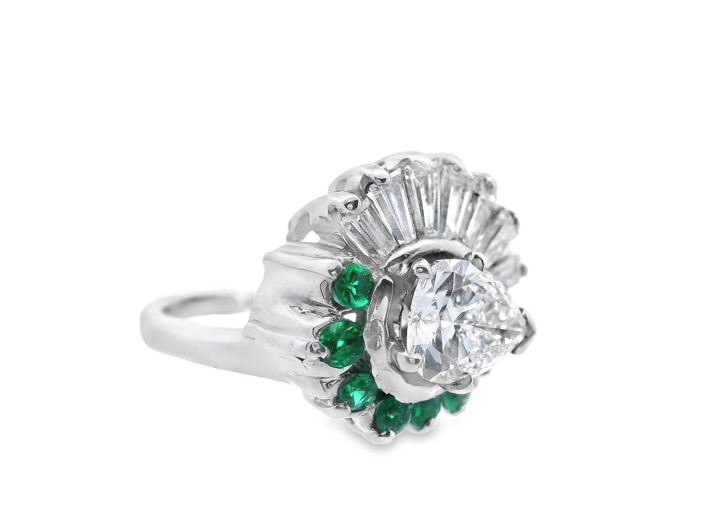 14k White Gold Pear Shaped Diamond and Emerald Ring with GIA Report