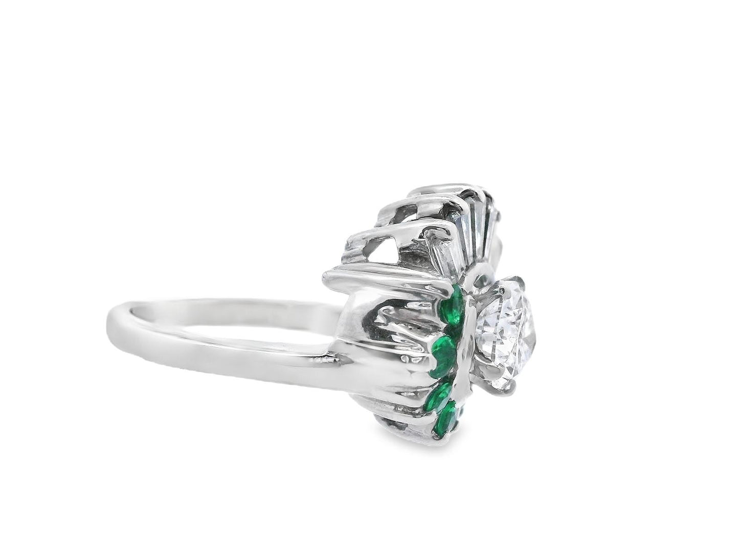 14k White Gold Pear Shaped Diamond and Emerald Ring with GIA Report