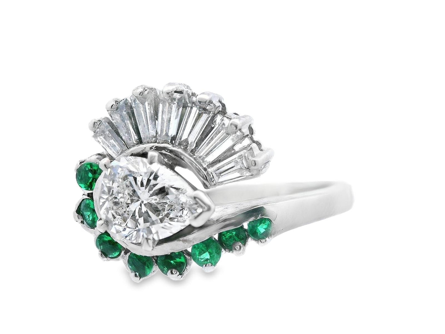 14k White Gold Pear Shaped Diamond and Emerald Ring with GIA Report
