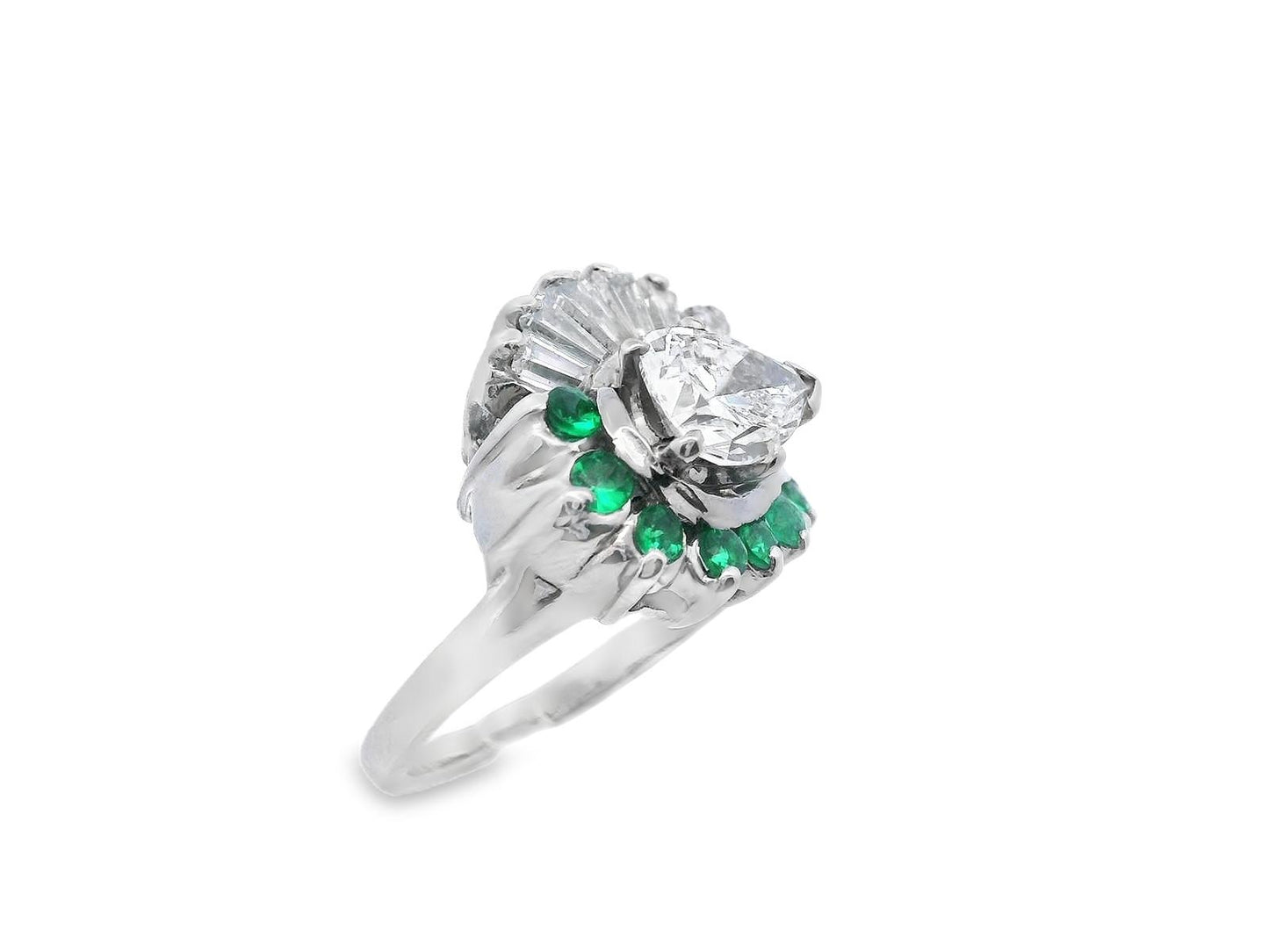 14k White Gold Pear Shaped Diamond and Emerald Ring with GIA Report