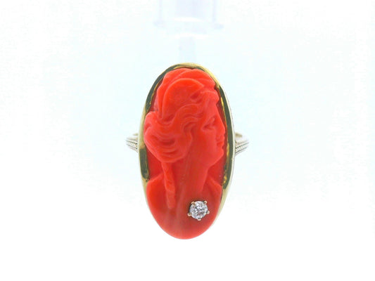 Natural Undyed Coral Cameo 1915 Art Deco 16 Karat Ring