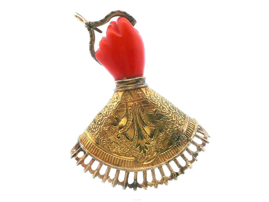 Victorian 14k Yellow Gold Coral Hand Mano Figa Brooch/Hook