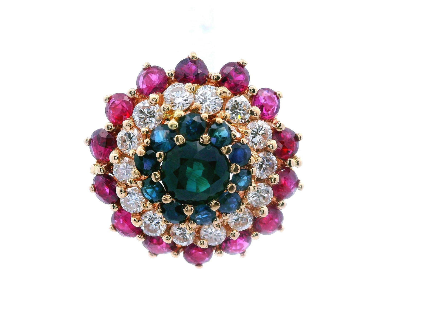 14k Yellow Gold Sapphire, Diamond and Ruby Ring