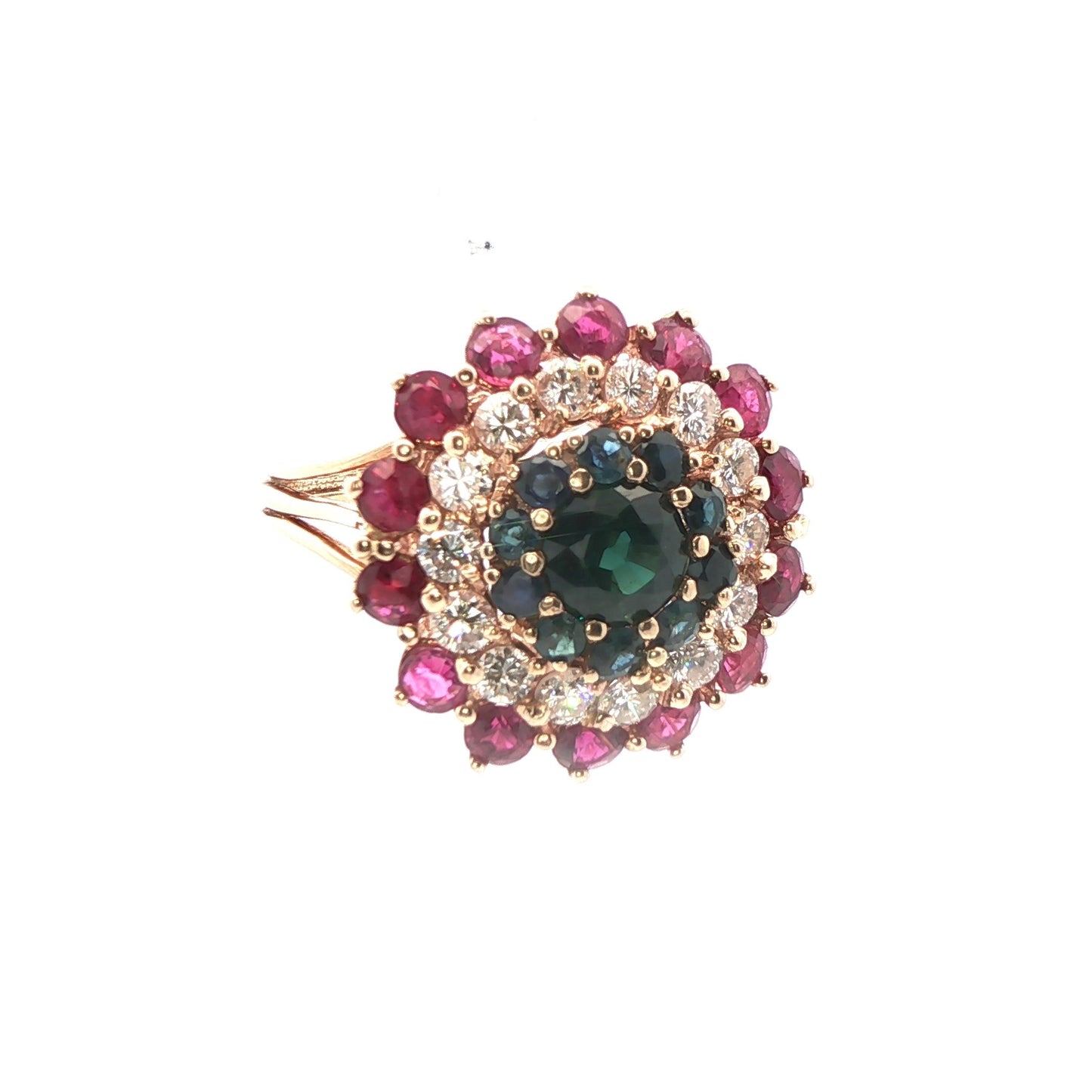 14k Yellow Gold Sapphire, Diamond and Ruby Ring